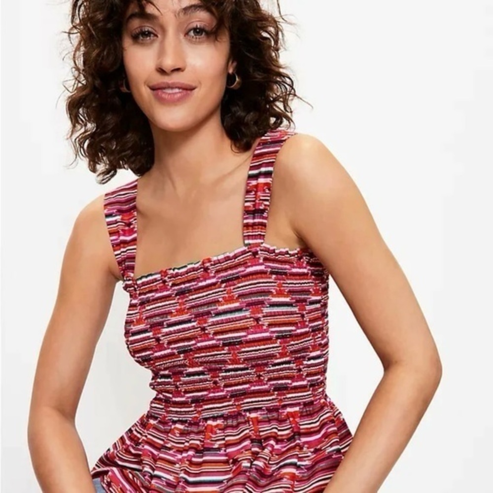 Loft Red Multi Smocked Ruched Peplum Sleeveless Tank Top M Boho Chic